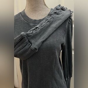 Free People Dark Gray Waffle Knit Puff Sleeve Sweater with Lace-Up Sleeves